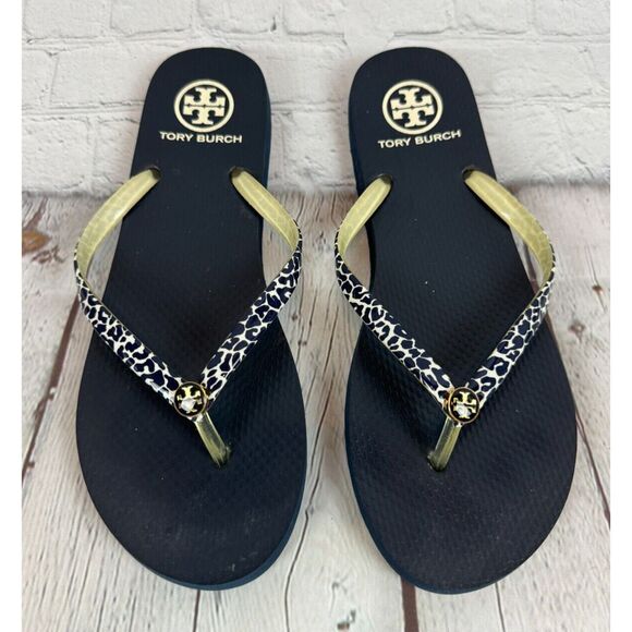 Tory Burch Shoes - TORY BURCH black white leopard logo flip flop sandals size 9/10